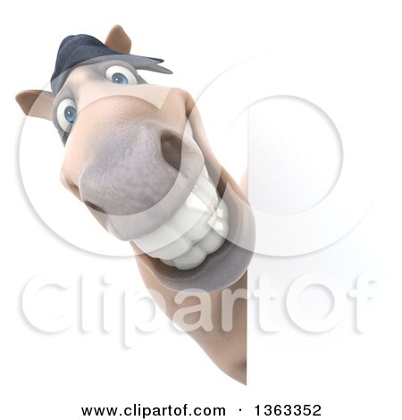 Clipart of a 3d Happy Beige Horse Looking Around a Sign, on a White Background - Royalty Free Illustration by Julos