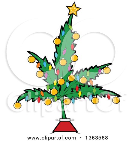 Clipart of a Cartoon Marijuana Pot Leaf Weed Christmas Tree Decorated with a Star, Lights and Baubles - Royalty Free Vector Illustration by djart