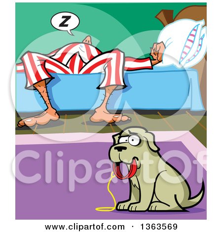 Clipart of a Cartoon Sad Dog Holding a Leash in His Mouth, Wanting to Be Walked, While His Master Sleeps - Royalty Free Vector Illustration by Clip Art Mascots