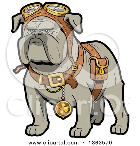 Clipart of a Cartoon Steampunk Bulldog Explorer Wearing a Pouch, Pocket Watch and Goggles - Royalty Free Vector Illustration by Clip Art Mascots