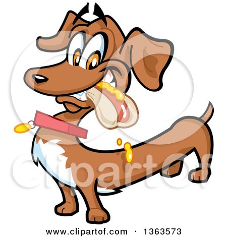 Clipart of a Cartoon Happy Dachshund Eating a Hot Dog - Royalty Free Vector Illustration by Clip Art Mascots