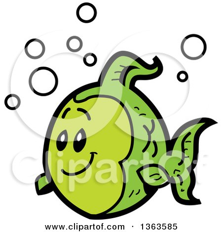 Clipart of a Cartoon Happy Green Fish with Bubbles - Royalty Free Vector Illustration by Clip Art Mascots