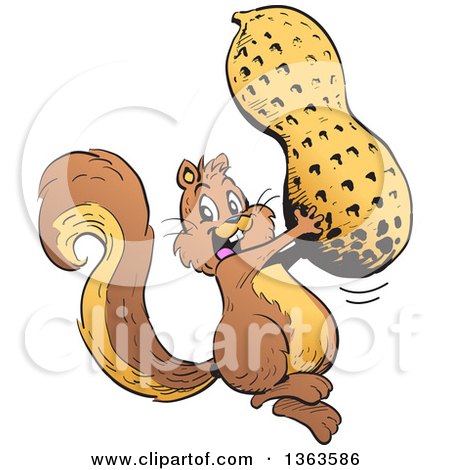 Clipart of a Cartoon Happy Squirrel Jumping with a Giant Peanut - Royalty Free Vector Illustration by Clip Art Mascots