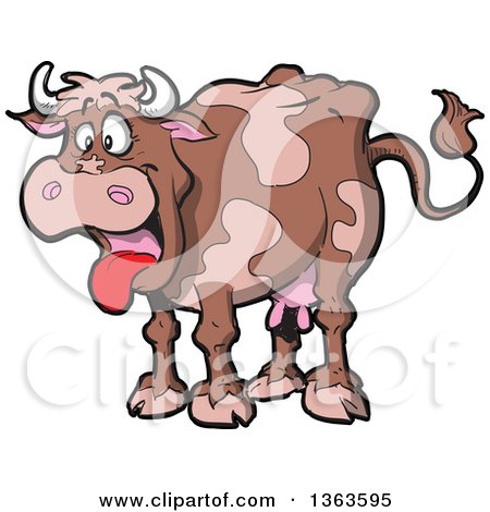 Clipart of a Cartoon Brown Dairy Cow with Its Tongue Hanging out - Royalty Free Vector Illustration by Clip Art Mascots