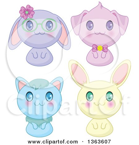 Clipart of Cute Manga Anime Bunny Rabbits, a Cat and Dog - Royalty Free Vector Illustration by Pushkin