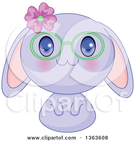 Clipart of a Cute Purple Manga Anime Bunny Rabbit Wearing a Flower and Glasses - Royalty Free Vector Illustration by Pushkin