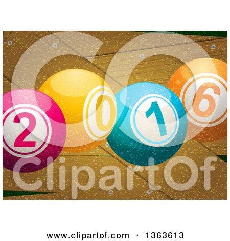 Clipart of a 3d Colorful New Year 2016 Bingo Balls over Snow and Wood - Royalty Free Vector Illustration by elaineitalia