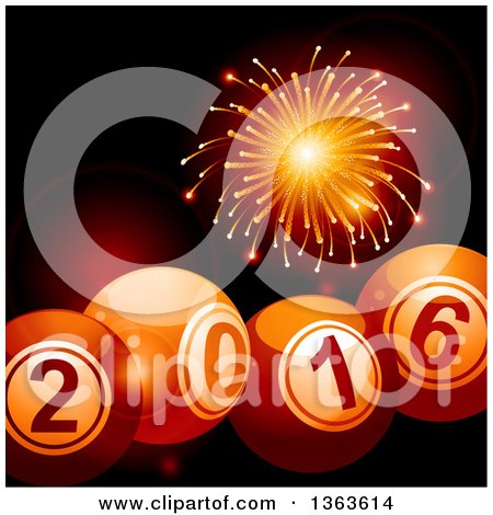 Clipart of a 3d New Year 2016 Bingo Balls over Flares and a Firework - Royalty Free Vector Illustration by elaineitalia