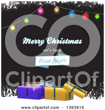 Clipart of a Merry Christmas and a Happy New Year Greeting with Suspended Baubles, 3d Gifts and Grunge Snow on Black - Royalty Free Vector Illustration by elaineitalia