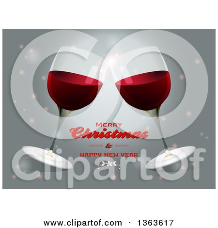 Clipart of a Merry Christmas and Happy New Year Greeting with Clinking Red Wine Glasses - Royalty Free Vector Illustration by elaineitalia