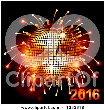 Clipart of a 3d Sparkly Disco Ball with Fireworks and 2016 - Royalty Free Vector Illustration by elaineitalia