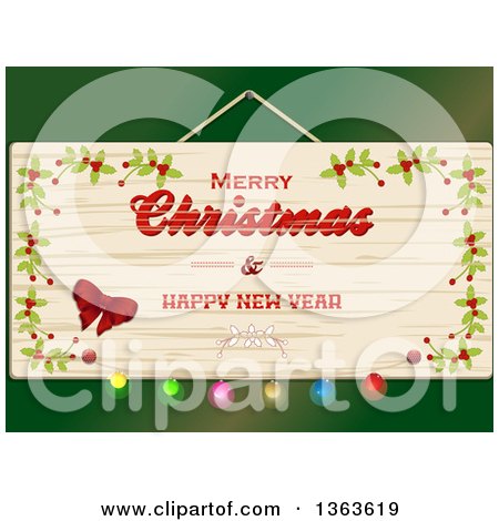 Clipart of a Wooden Merry Christmas and Happy New Year Sign over Green - Royalty Free Vector Illustration by elaineitalia