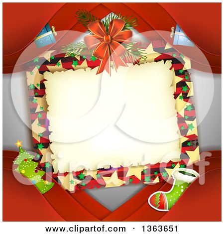 Clipart of a Christmas Frame with Branches, Ribbons and Gifts, and Other Items over Red - Royalty Free Vector Illustration by merlinul