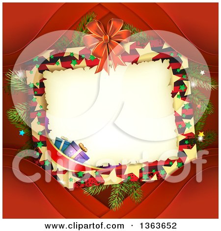 Clipart of a Christmas Frame with Branches, Ribbons and Gifts over Red - Royalty Free Vector Illustration by merlinul