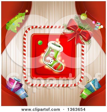 Clipart of a Snowman Christmas Stocking in a Frame over Stripes, with Red, Branches and Gifts - Royalty Free Vector Illustration by merlinul