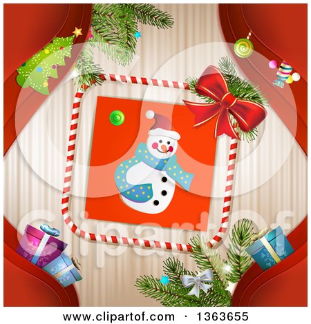 Clipart of a Snowman in a Frame over Stripes, with Red, Branches and Christmas Gifts - Royalty Free Vector Illustration by merlinul