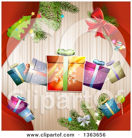 Clipart of Christmas Gifts, Branches and a Tree over Stripes and Red - Royalty Free Vector Illustration by merlinul