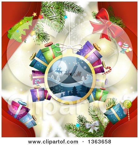 Clipart of a Santa Sleigh Bauble Suspended over Lights and Christmas Items with Red - Royalty Free Vector Illustration by merlinul