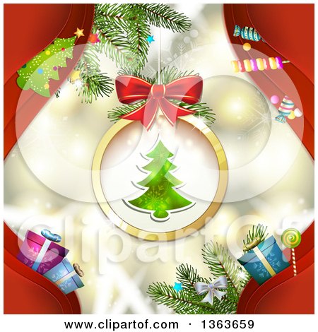 Clipart of a Christmas Tree Bauble Suspended over Lights and Items with Red - Royalty Free Vector Illustration by merlinul