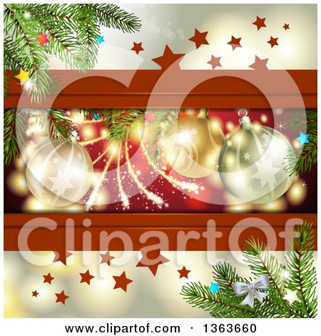 Clipart of a Christmas Background of Bauble Ornaments, Branches and Stars - Royalty Free Vector Illustration by merlinul