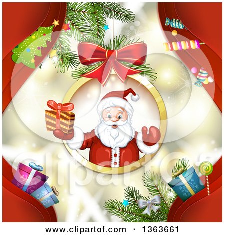 Clipart of Santa Claus Holding a Christmas Gift and Emerging Fom a Suspended Bauble Frame over a Background of Red Waves - Royalty Free Vector Illustration by merlinul