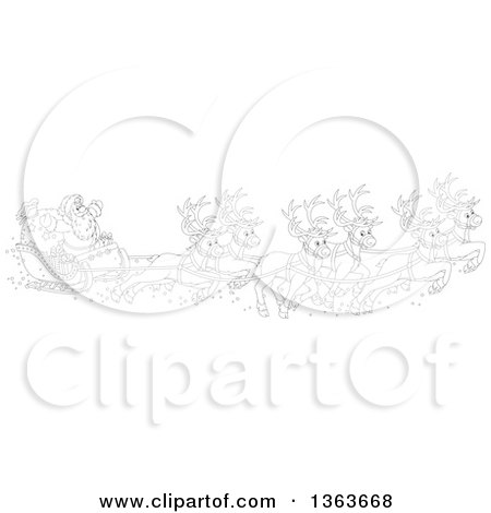 Clipart of a Cartoon Black and White Team of Magic Flying Reindeer and Santa in His Sleigh - Royalty Free Vector Illustration by Alex Bannykh