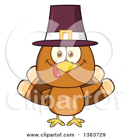 Clipart of a Cartoon Cute Thanksgiving Turkey Bird Wearing a Pilgrim Hat and Waving - Royalty Free Vector Illustration by Hit Toon