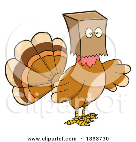 Clipart of a Cartoon Thanksgiving Turkey Bird Wearing a Bag over His Head - Royalty Free Vector Illustration by Hit Toon