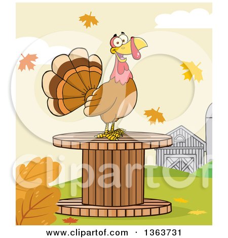 Clipart of a Cartoon Turkey Bird on a Giant Wooden Spool in the Fall - Royalty Free Vector Illustration by Hit Toon