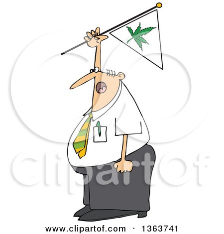 Clipart of a Cartoon Chubby White Businessman Shouting and Waving a Marijuana Flag - Royalty Free Vector Illustration by djart