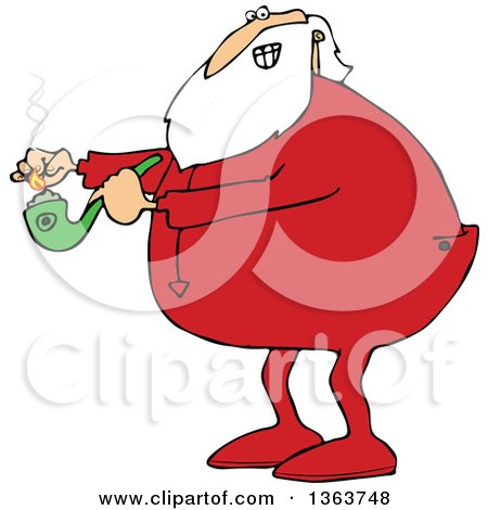 Clipart of a Cartoon Christmas Santa Claus in Pajamas, Lighting up a Pot Pipe - Royalty Free Vector Illustration by djart