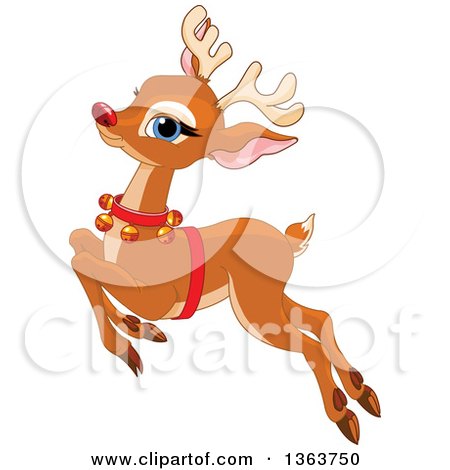 Clipart of a Happy Red Nosed Christmas Reindeer Leaping - Royalty Free Vector Illustration by Pushkin