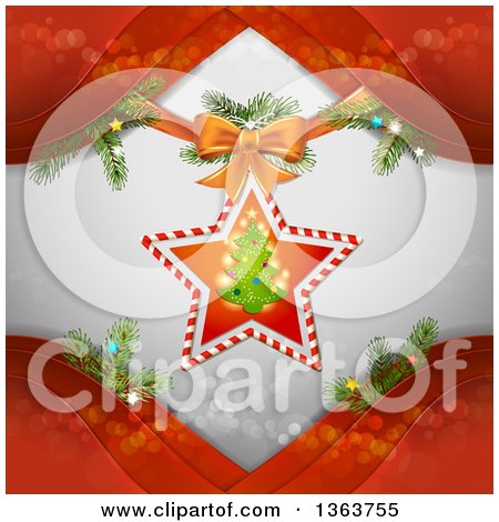 Clipart of a Christmas Star and Tree Ornament over Gray with Branches and Red Waves - Royalty Free Vector Illustration by merlinul