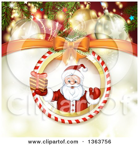 Clipart of a Suspended Christmas Ornament with Santa Holding a Gift over Gold Sparkles, with Ornaments and Branches - Royalty Free Vector Illustration by merlinul