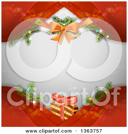 Clipart of a Christmas Background with a Bow, Branches and Gift over Gray with Red Waves - Royalty Free Vector Illustration by merlinul