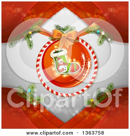 Clipart of a Christmas Stocking and Snowman Ornament over Gray with Branches and Red Waves - Royalty Free Vector Illustration by merlinul