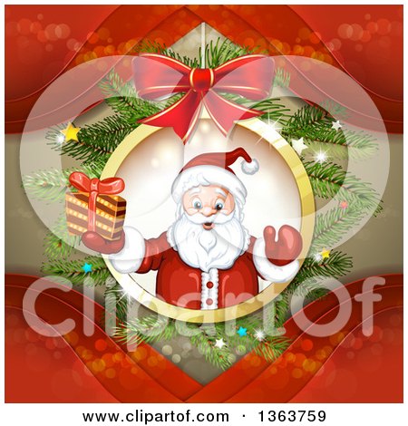 Clipart of a Suspended Christmas Ornament with Santa Holding a Gift over Branches and Red Waves - Royalty Free Vector Illustration by merlinul