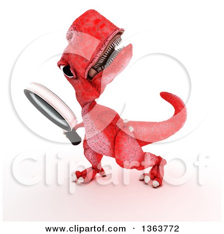 Clipart of a 3d Red Tyrannosaurus Rex Dinosaur Searching with a Magnifying Glass, on a White Background - Royalty Free Illustration by KJ Pargeter