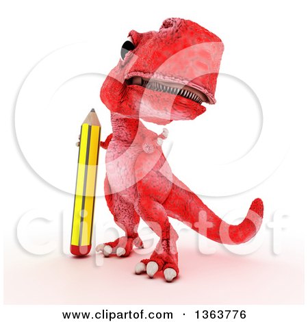 Clipart of a 3d Red Tyrannosaurus Rex Dinosaur Standing with a Giant Pencil, on a White Background - Royalty Free Illustration by KJ Pargeter