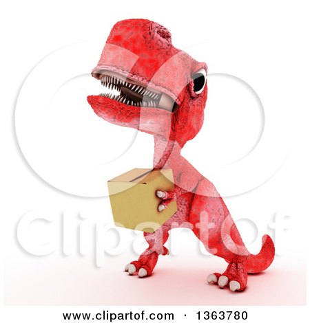 Clipart of a 3d Red Tyrannosaurus Rex Dinosaur Carrying a Box, on a White Background - Royalty Free Illustration by KJ Pargeter
