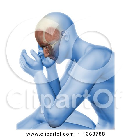 Clipart of a 3d Blue Anatomical Man with Visible Facial Muscles and Head Pain, over White - Royalty Free Illustration by KJ Pargeter