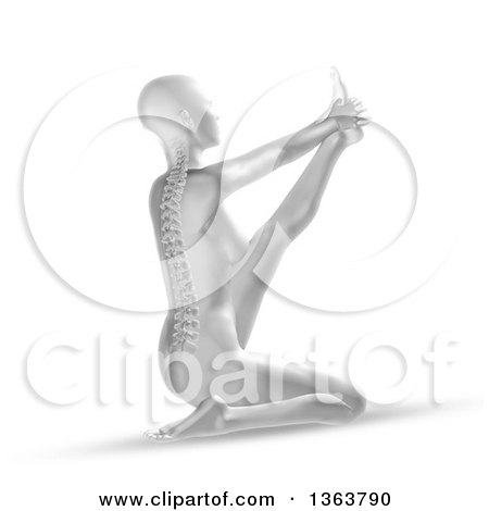 Clipart of a 3d Grayscale Anatomical Woman Stretching in a Yoga Pose, with Visible Skeleton, on White - Royalty Free Illustration by KJ Pargeter