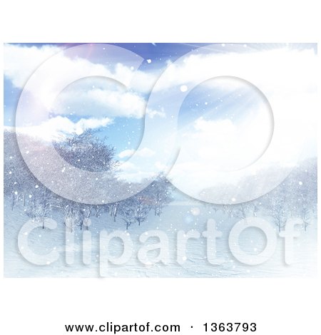 Clipart of a 3d Winter Landscape of Sunshine and Trees - Royalty Free Illustration by KJ Pargeter