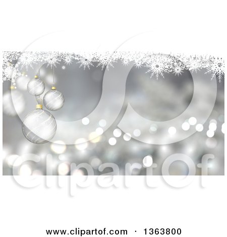 Clipart of a Christmas Background of Suspended 3d Silver Baubles over Snowflakes and Flares - Royalty Free Illustration by KJ Pargeter