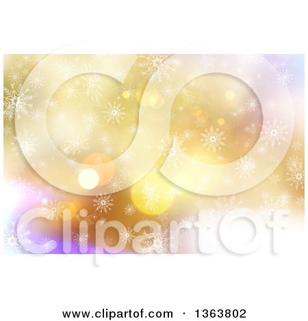 Clipart of a Background of Snowflakes and Bokeh Flares over Gold and Purple - Royalty Free Illustration by KJ Pargeter