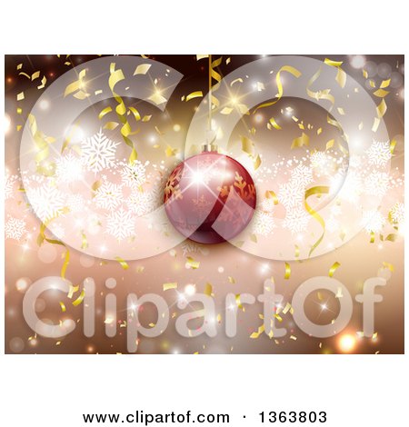 Clipart of a Christmas Background of a 3d Suspended Red Bauble over Gold Confetti Ribbons and Snowflakes - Royalty Free Vector Illustration by KJ Pargeter
