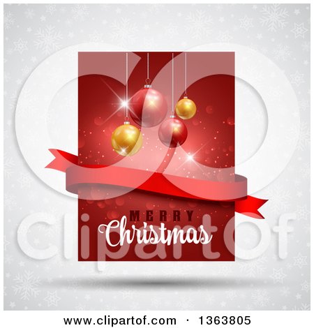 Clipart of a Merry Christmas Greeting with Suspended Baubles and a Blank Ribbon Banner over Red and Gray with Snowflakes and Stars - Royalty Free Vector Illustration by KJ Pargeter