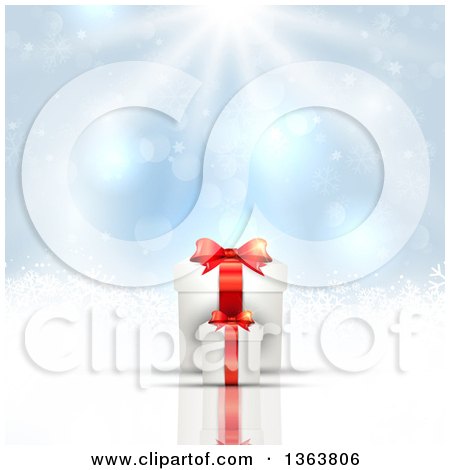 Clipart of 3d White and Red Christmas Gifts over a Blue Snowflake Background with Sunshine - Royalty Free Vector Illustration by KJ Pargeter