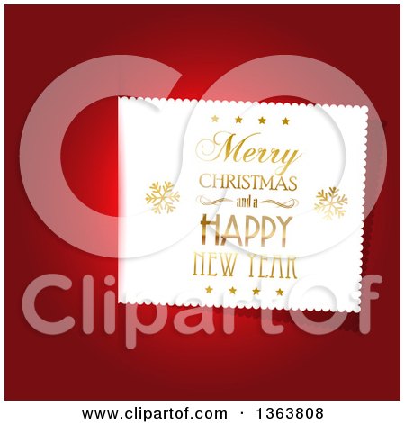 Clipart of a Merry Christmas and a Happy New Year Greeting Label on Red - Royalty Free Vector Illustration by KJ Pargeter