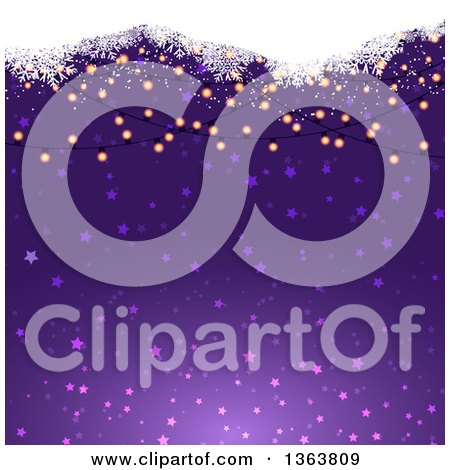 Clipart of a Background of Christmas Lights and Snowflakes over Purple Stars - Royalty Free Vector Illustration by KJ Pargeter